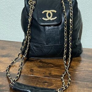 Beautiful Black Quilted Leather Drawstring Backpack with Gold Chain